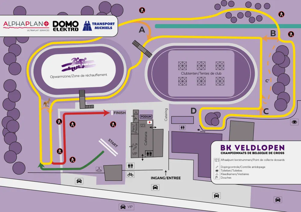 Parcourskaart van het BK veldlopen in Sportpark Hulshout met de omlopen A, B, C en D
